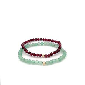Garnet & Aventurine Gemstone Stretch Bracelet with 14K Gold Accent Bead Handmade